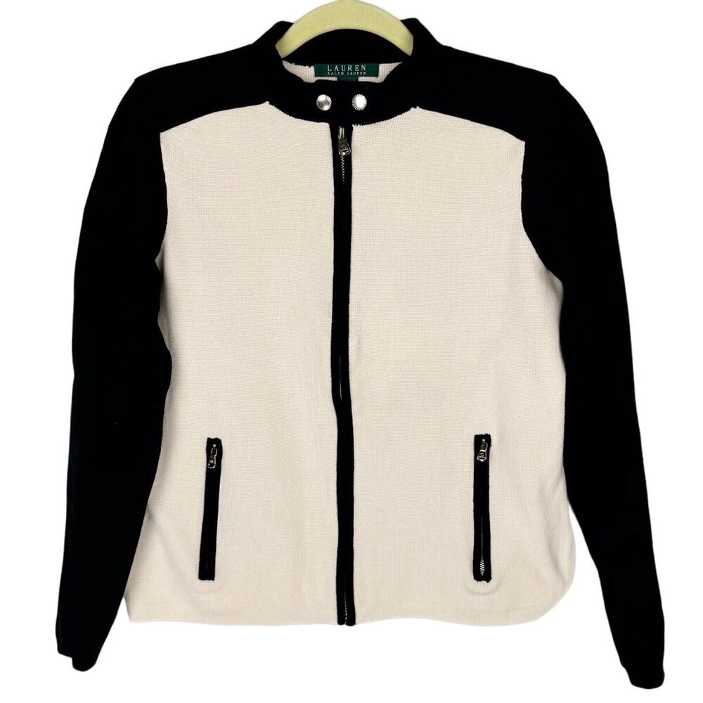 Lauren Ralph Lauren Black & Cream Color Block Moto Zip Tight Knit Sweater Large